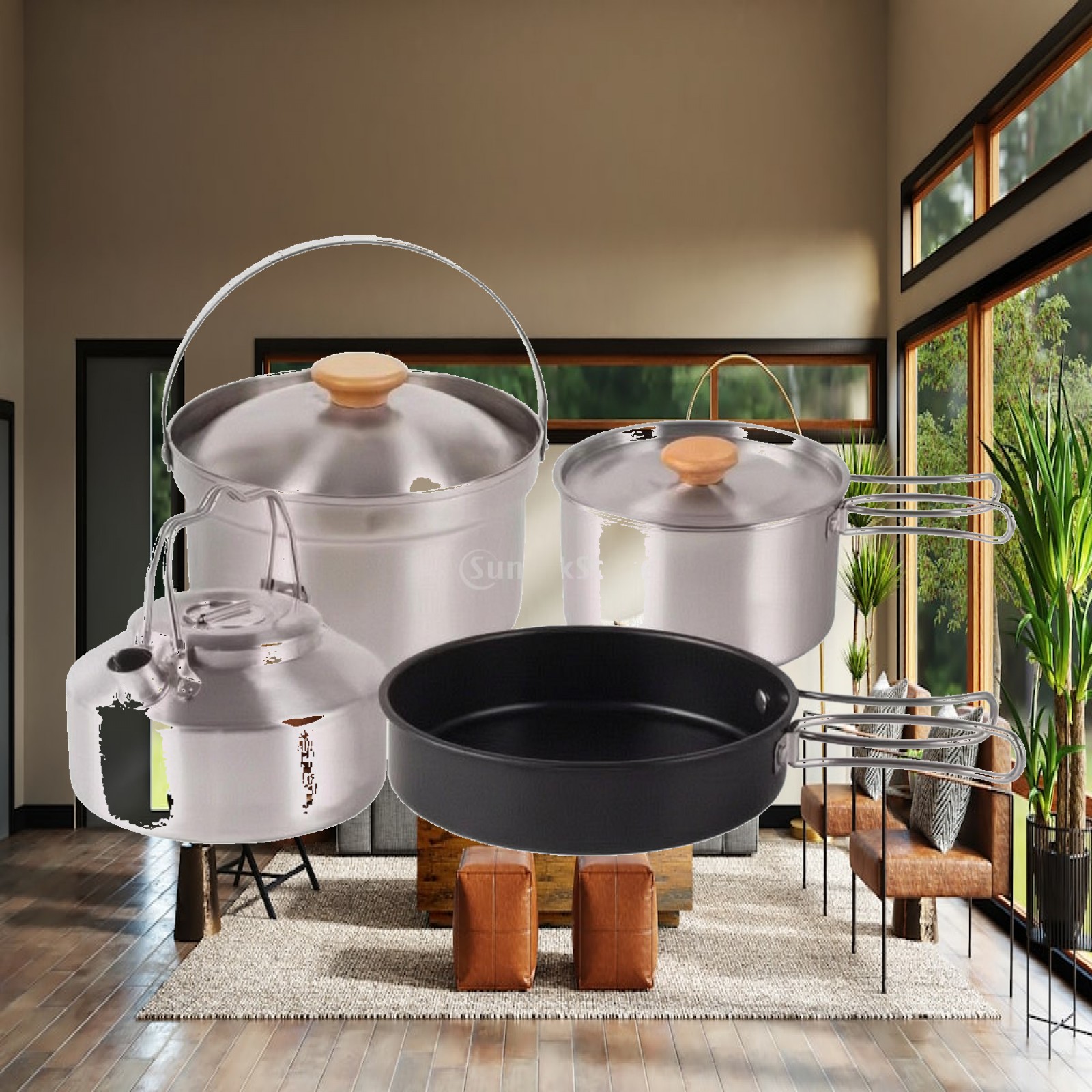 Camping Cooking Set With Kettle - 4-częściowy zestaw naczyń kuchennych ze stali