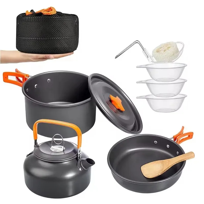 Camping Cooking Set With Kettle - Zestaw kempingowy z aluminium, trzyczęściowy, przenośny,