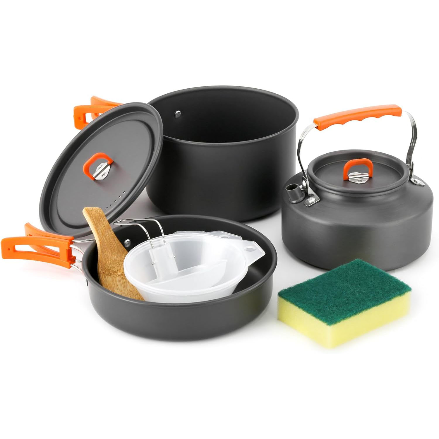 Camping Cooking Set With Kettle - Zestaw naczyń kempingowych: garnek, patelnia, czajnik,